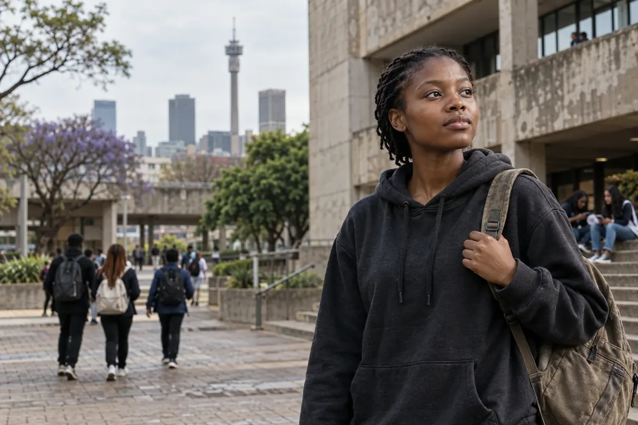 A student pausing on a South African campus